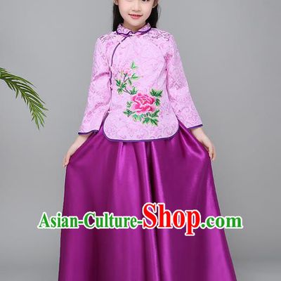 Traditional Chinese Republic of China Children Clothing, China National Embroidered Purple Cheongsam Blouse and Skirt for Kids