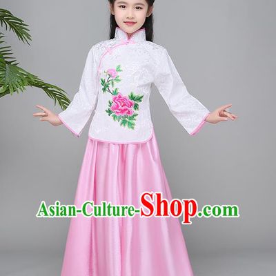 Traditional Chinese Republic of China Children Clothing, China National Embroidered White Cheongsam Blouse and Skirt for Kids