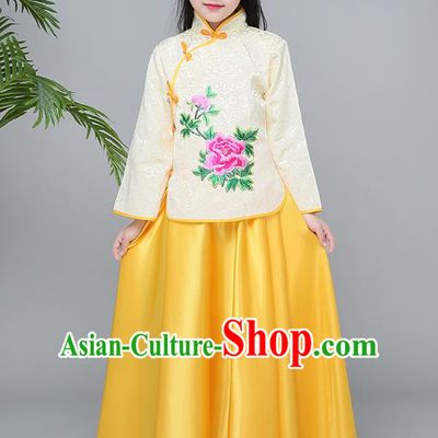 Traditional Chinese Republic of China Children Clothing, China National Embroidered Yellow Cheongsam Blouse and Skirt for Kids