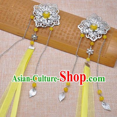 Traditional Chinese Handmade Hair Accessories Princess Hairpins Yellow Ribbon Hair Stick for Women