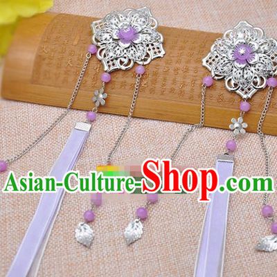 Traditional Chinese Handmade Hair Accessories Princess Hairpins Purple Ribbon Hair Stick for Women