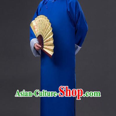 Traditional Chinese Republic of China Costume Blue Long Gown, China National Comic Dialogue Clothing for Men