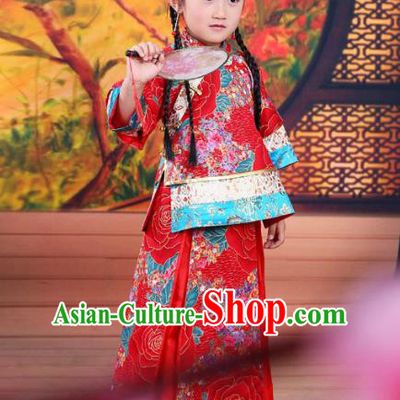 Ancient Chinese Qing Dynasty Children Costume, China Traditional Xiuhe Suit Red Dress Embroidered Clothing for Kids