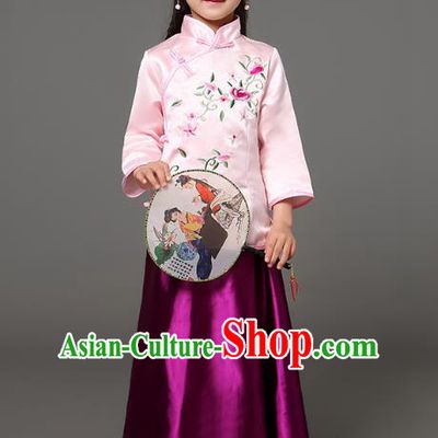 Traditional Chinese Republic of China Children Clothing, China National Embroidered Pink Cheongsam Blouse and Purple Skirt for Kids