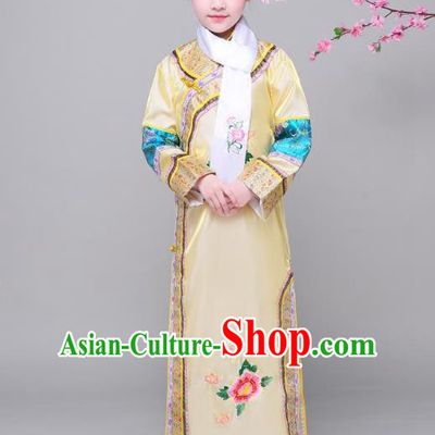 Traditional Ancient Chinese Qing Dynasty Princess Yellow Costume, Chinese Manchu Lady Embroidered Clothing for Kids