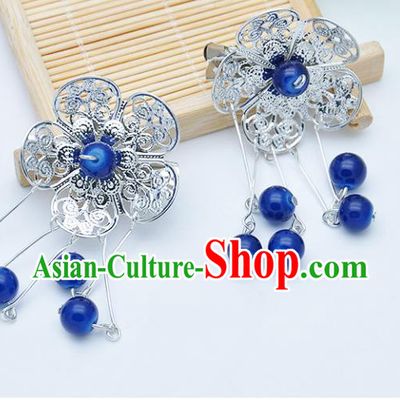 Traditional Chinese Handmade Hair Accessories Hairpins Hanfu Blue Beads Tassel Hair Claw for Kids
