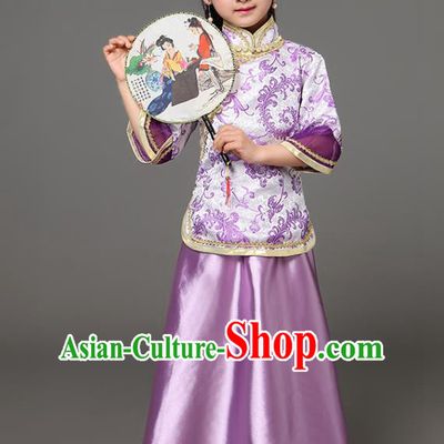Traditional Chinese Republic of China Children Xiuhe Suit Clothing, China National Embroidered Purple Cheongsam Blouse and Skirt for Kids