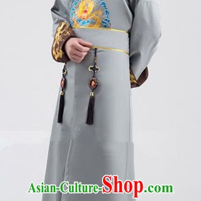 Traditional Ancient Chinese Qing Dynasty Prince Costume, China Manchu Nobility Childe Grey Embroidered Robe Clothing for Men