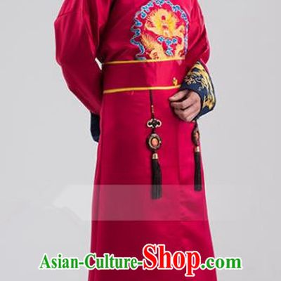 Traditional Ancient Chinese Qing Dynasty Prince Costume, China Manchu Nobility Childe Red Embroidered Robe Clothing for Men
