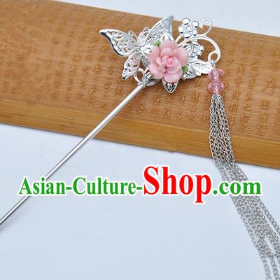 Traditional Chinese Handmade Hair Accessories Princess Hairpins Hanfu Pink Flower Tassel Step Shake for Kids