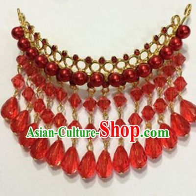 Traditional Handmade Chinese Ancient Classical Hair Accessories Red Crystal Tassel Frontlet Hair Comb for Women