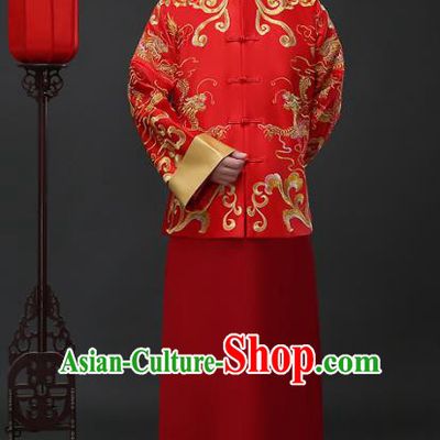 Ancient Chinese Wedding Costume China Traditional Bridegroom Embroidered Red Toast Clothing for Men