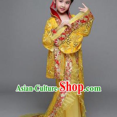 Traditional Chinese Tang Dynasty Imperial Concubine Costume, China Ancient Palace Lady Hanfu Embroidered Yellow Dress for Kids