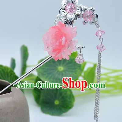 Traditional Handmade Chinese Ancient Classical Hair Accessories Pink Flower Hairpins Tassel Step Shake for Kids