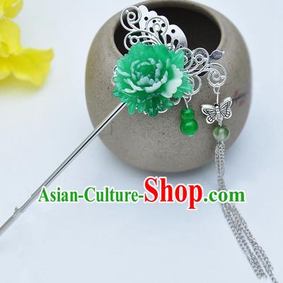 Traditional Handmade Chinese Ancient Classical Hair Accessories Green Flower Hairpins Tassel Step Shake for Kids
