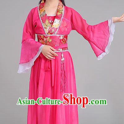 Traditional Chinese Tang Dynasty Princess Costume, China Ancient Fairy Embroidered Rosy Dress Clothing for Kids