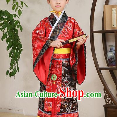 Traditional Chinese Han Dynasty Children Emperor Costume, China Ancient Majesty Hanfu Red Embroidered Robe for Kids