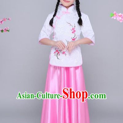 Traditional Chinese Republic of China Children Clothing, China National Embroidered Wintersweet White Blouse and Skirt for Kids