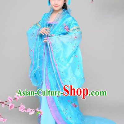 Traditional Chinese Tang Dynasty Children Imperial Concubine Blue Costume, China Ancient Palace Lady Hanfu Embroidered Clothing for Kids