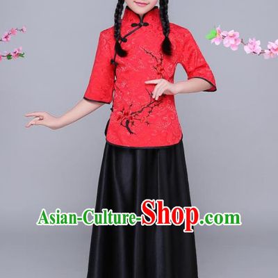 Traditional Chinese Republic of China Children Clothing, China National Embroidered Wintersweet Red Blouse and Skirt for Kids