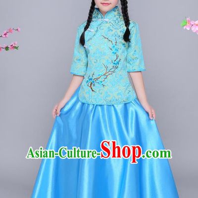 Traditional Chinese Republic of China Children Clothing, China National Embroidered Wintersweet Blue Blouse and Skirt for Kids