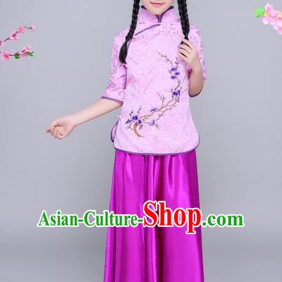 Traditional Chinese Republic of China Children Clothing, China National Embroidered Wintersweet Purple Blouse and Skirt for Kids