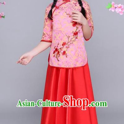 Traditional Chinese Republic of China Children Clothing, China National Embroidered Wintersweet Red Blouse and Skirt for Kids