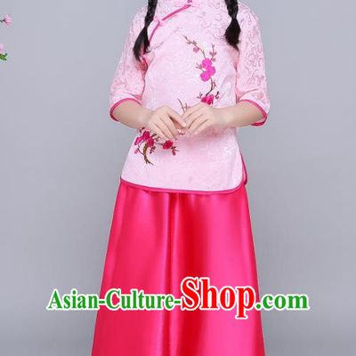 Traditional Chinese Republic of China Children Clothing, China National Embroidered Wintersweet Pink Blouse and Skirt for Kids