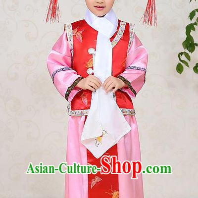 Traditional Chinese Qing Dynasty Children Princess Pink Costume, China Manchu Palace Lady Embroidered Clothing for Kids