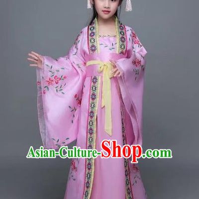 Traditional Chinese Tang Dynasty Palace Lady Pink Costume, China Ancient Imperial Concubine Hanfu Trailing Dress for Kids