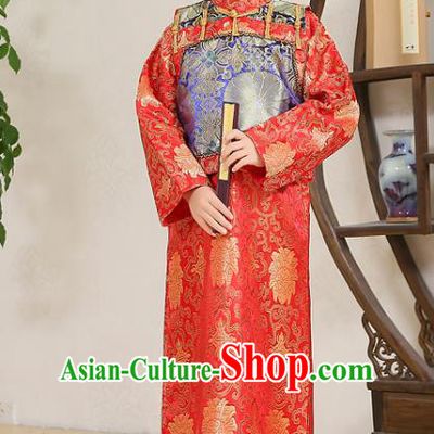 Traditional Chinese Qing Dynasty Nobility Childe Costume Blue Mandarin Jacket, China Manchu Prince Embroidered Clothing for Kids