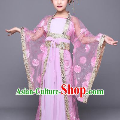Traditional Chinese Tang Dynasty Imperial Concubine Embroidered Pink Costume, China Ancient Palace Lady Hanfu Clothing for Kids