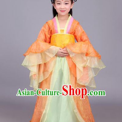 Traditional Chinese Tang Dynasty Palace Lady Orange Costume, China Ancient Imperial Consort Embroidered Hanfu Clothing for Kids