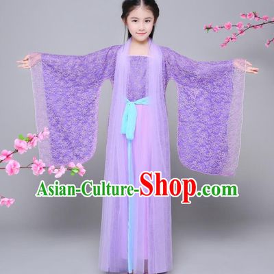 Traditional Chinese Tang Dynasty Palace Princess Costume, China Ancient Fairy Hanfu Embroidered Purple Dress for Kids