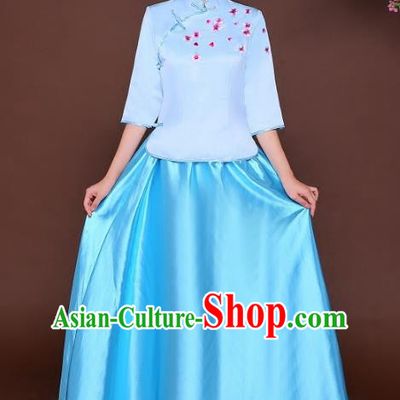 Traditional Chinese Republic of China Nobility Lady Clothing, China National Embroidered Blue Blouse and Skirt for Women