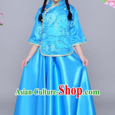 Traditional Chinese Republic of China Nobility Lady Clothing, China National Embroidered Blue Blouse and Skirt for Kids