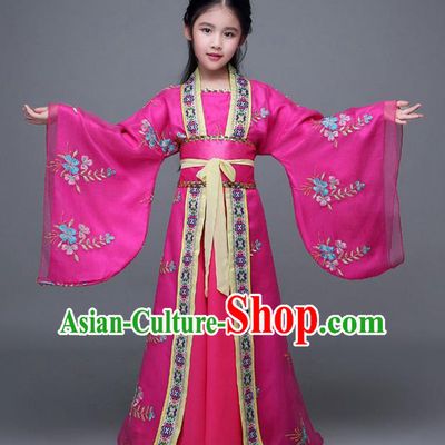Traditional Chinese Ancient Imperial Consort Rosy Costume, China Tang Dynasty Palace Princess Hanfu Embroidered Clothing for Kids