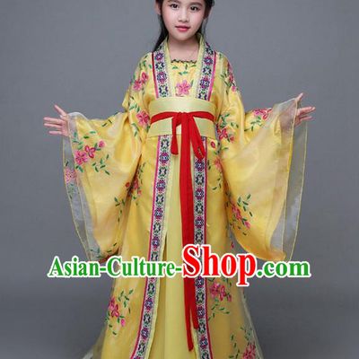Traditional Chinese Ancient Imperial Consort Yellow Costume, China Tang Dynasty Palace Princess Hanfu Embroidered Clothing for Kids