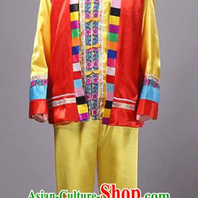 Traditional Chinese Miao Nationality Dance Yellow Costume, Hmong Folk Dance Minority Embroidery Clothing for Men