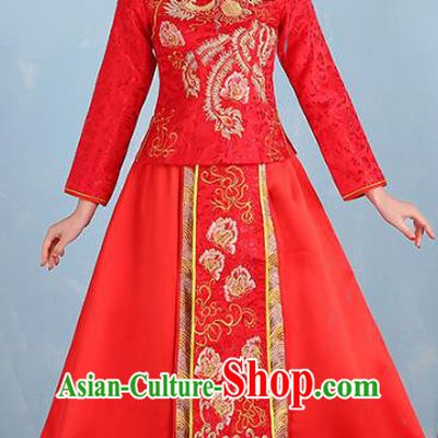 Ancient Chinese Wedding Costume Xiuhe Suits Traditional Women Embroidered Phoenix Peony Flown Bride Toast Cheongsam