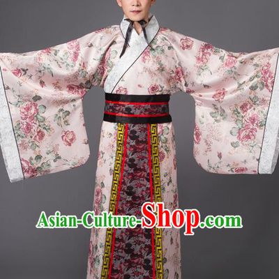 Traditional Chinese Han Dynasty Prime Minister Costume, China Ancient Chancellor Hanfu Pink Embroidered Robe Clothing for Men
