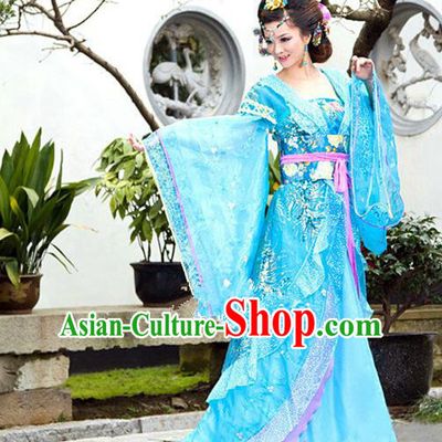 Traditional Ancient Chinese Imperial Consort Blue Costume, China Tang Dynasty Palace Lady Trailing Embroidered Clothing for Women