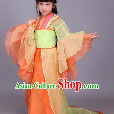 Traditional Ancient Chinese Imperial Princess Orange Costume, China Tang Dynasty Palace Lady Trailing Embroidered Clothing for Kids