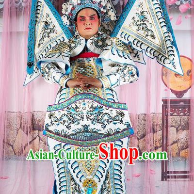 Chinese Beijing Opera General Costume White Embroidered Armour, China Peking Opera Military Officer Embroidery Gwanbok Clothing