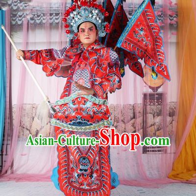 Chinese Beijing Opera General Costume Red Embroidered Armour, China Peking Opera Military Officer Embroidery Gwanbok Clothing
