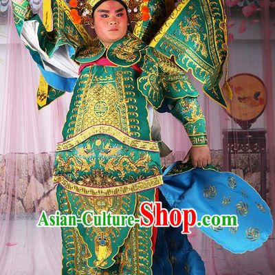 Chinese Beijing Opera General Costume Green Embroidered Armour, China Peking Opera Military Officer Embroidery Gwanbok Clothing