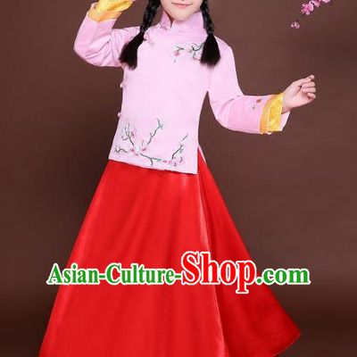 Traditional Chinese Republic of China Nobility Lady Clothing, China National Embroidered Peach Blossom Blouse and Skirt for Kids