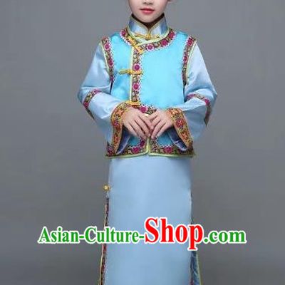 Traditional Chinese Qing Dynasty Manchu Princess Costume, China Palace Lady Embroidered Clothing for Kids