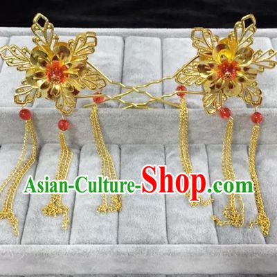 Traditional Handmade Chinese Classical Hair Accessories Golden Flowers Hairpins for Women