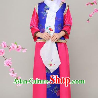 Traditional Chinese Qing Dynasty Court Princess Rosy Costume, China Manchu Palace Lady Embroidered Clothing for Kids